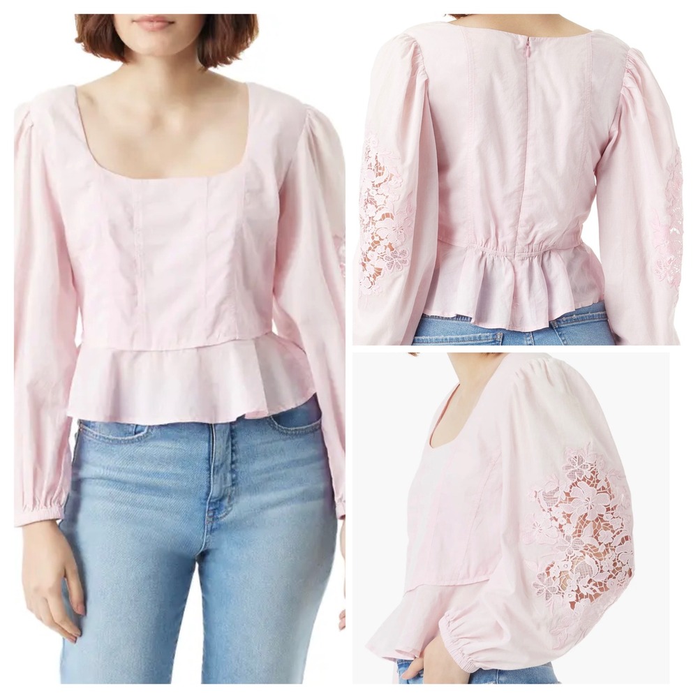 NWT Sam Edelman Lainey Lace Blouse Women‎ L Pink Peplum Puff Sleeve